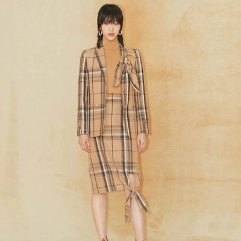 New Burberry Knot Detail Nova Check Driftwood Pattern Pencil Skirt NWT 0 US/2 UK